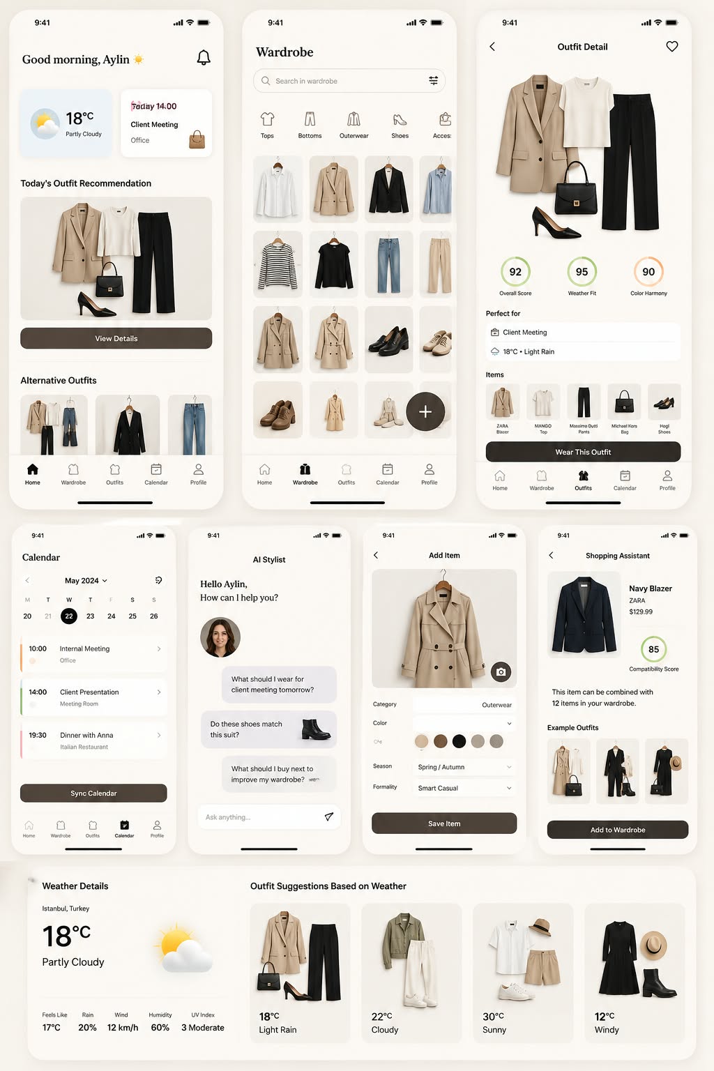 Style App ekranları: günlük öneri, gardırop, kombin detayı, takvim, AI stil asistanı, parça ekleme ve alışveriş uyumu