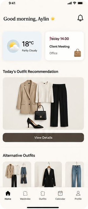 Style App ana ekranı: günlük kombin önerisi ve hava durumu